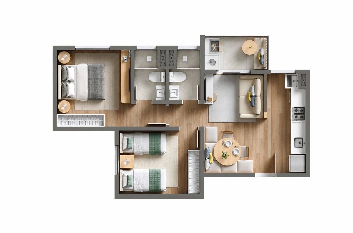 Planta tipo 3 com suíte do Viva Parque Aura com 50,68 m²