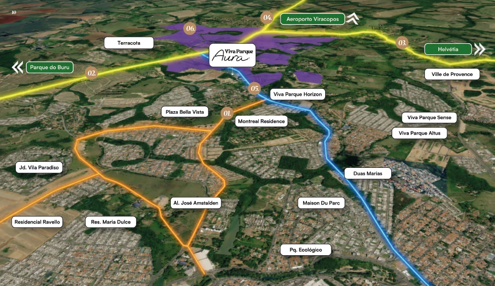 Mapa aéreo da região do Viva Parque Aura, em Indaiatuba, com as principais vias e pontos de referência