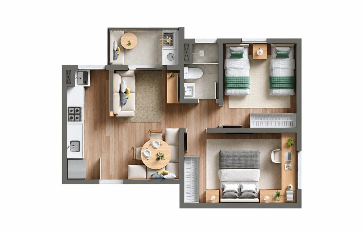 Planta tipo 1 do Viva Parque Aura com 47,17 m²